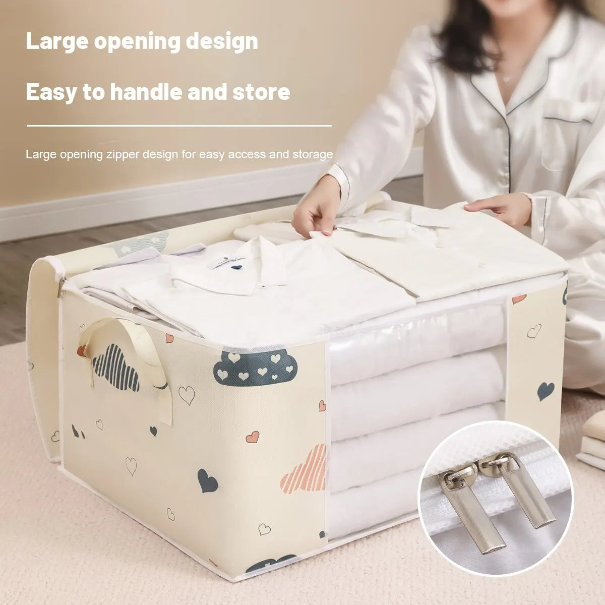 Foldable Large Capacity Clothes Storage Bag Organizer – Reinforced Handle & Sturdy Zipper | Medium 55×35×25 cm / Large 60×40×30 cm