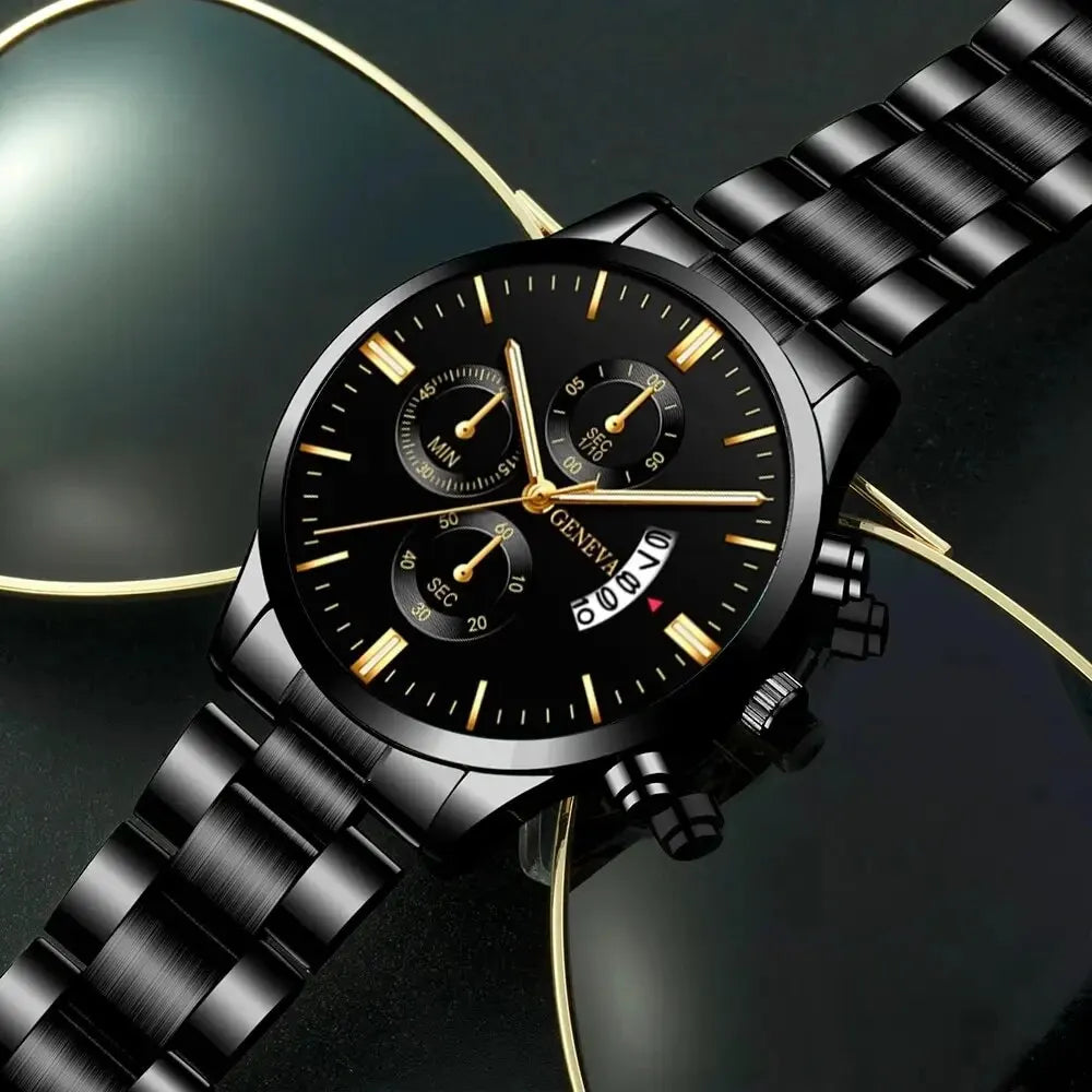 Men's Stainless Steel Quartz Wrist Watch with Calendar – 41mm Round Business Dress Watch
