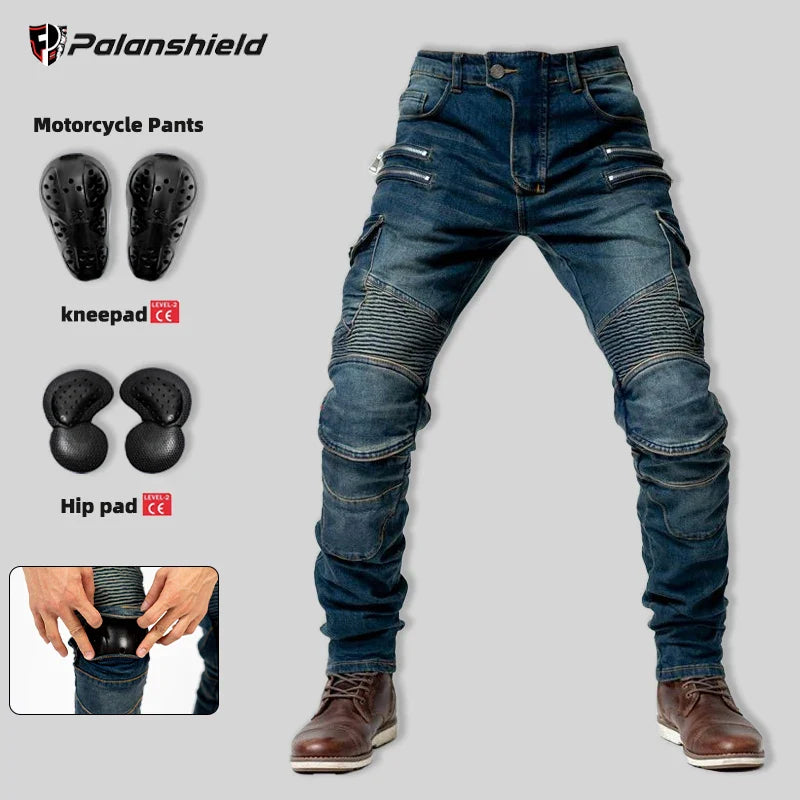 Unisex Motocross Motorcycle Riding Jeans with Removable Knee Pads – Double-Zip Moto Trousers