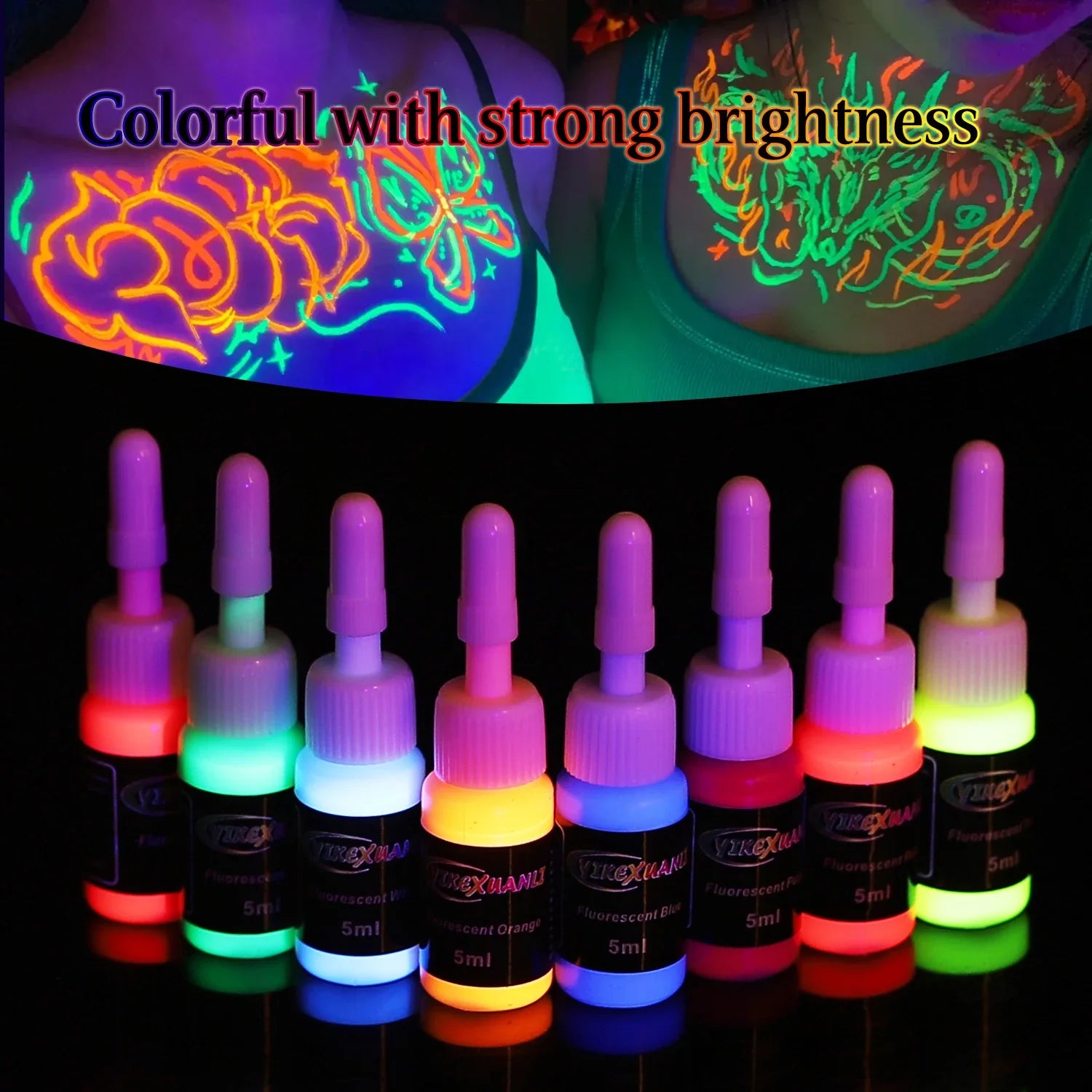 8-Color Fluorescent Tattoo Ink Kit - Non-Toxic UV Glow Body Art Ink for Blacklight Tattoos