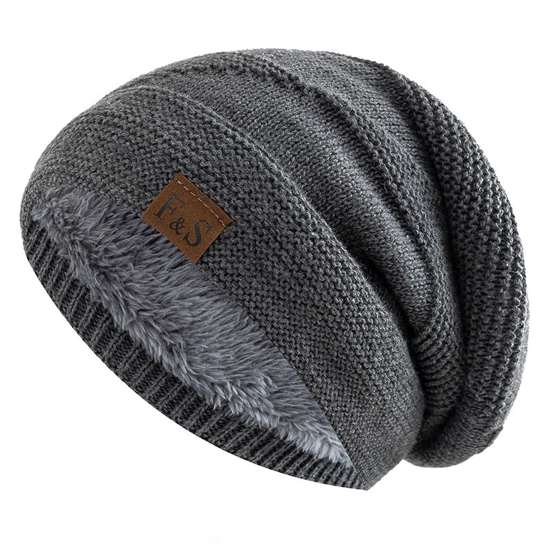 Unisex Slouchy Fur-Lined Winter Beanie Warm Knit Hat for Men & Women