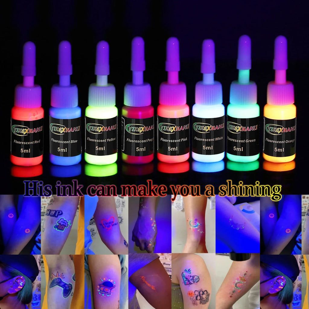 8-Color Fluorescent Tattoo Ink Kit - Non-Toxic UV Glow Body Art Ink for Blacklight Tattoos
