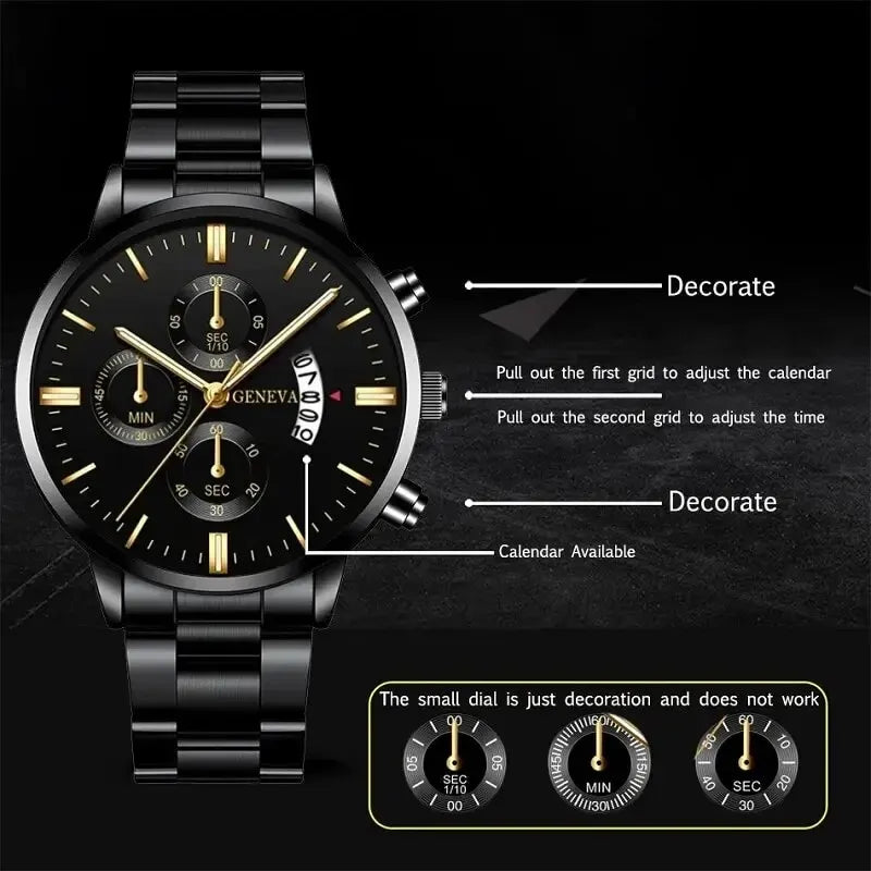 Men's Stainless Steel Quartz Wrist Watch with Calendar – 41mm Round Business Dress Watch