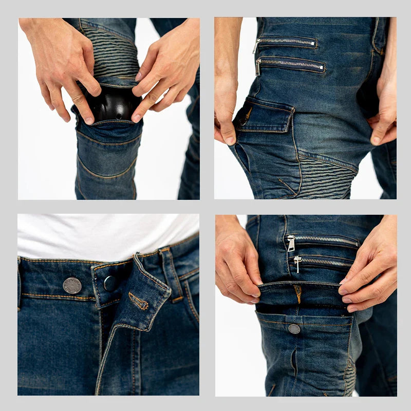 Unisex Motocross Motorcycle Riding Jeans with Removable Knee Pads – Double-Zip Moto Trousers