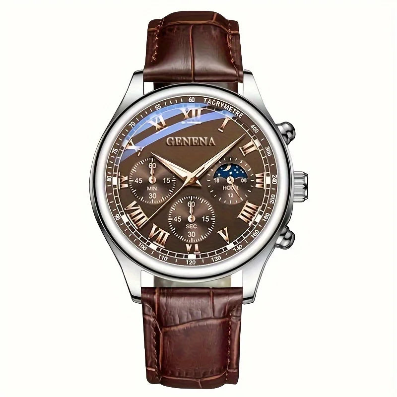 Men's Quartz Leather Strap Watch 40mm Round Alloy Case Roman Numeral Dial Buckle Clasp