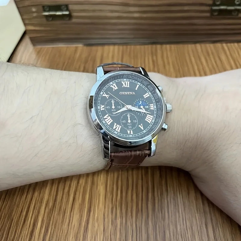 Men's Quartz Leather Strap Watch 40mm Round Alloy Case Roman Numeral Dial Buckle Clasp