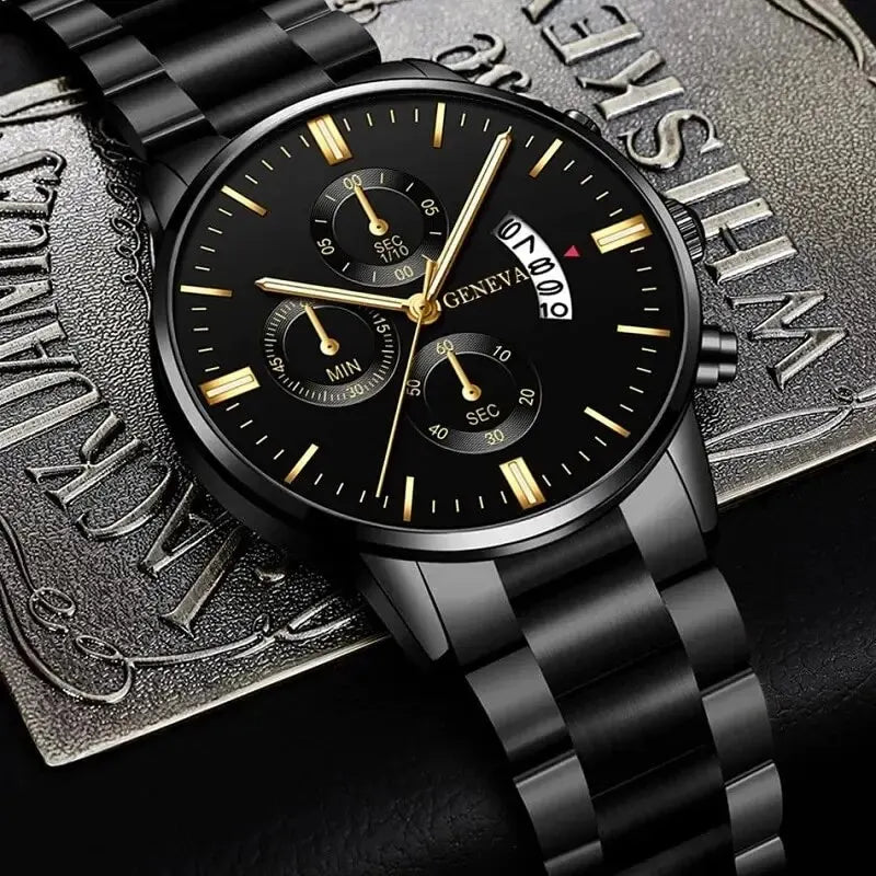 Men's Stainless Steel Quartz Wrist Watch with Calendar – 41mm Round Business Dress Watch