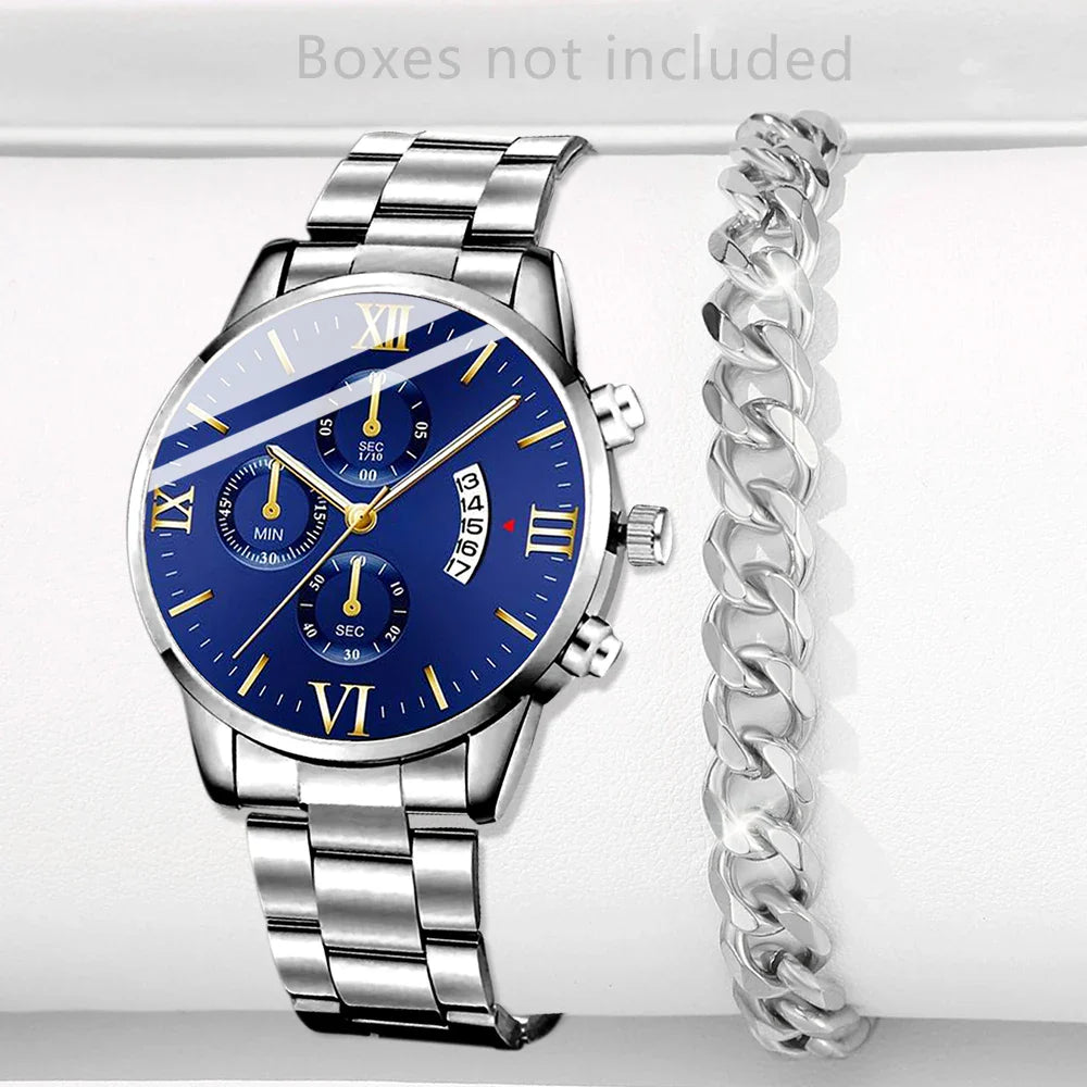 Men's Stainless Steel Quartz Wrist Watch with Calendar – 41mm Round Business Dress Watch