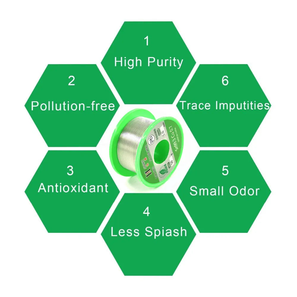 Lead-Free Solder Wire 99.7% Sn / 0.3% Cu — 2% Rosin Flux Core, Diameters 0.5/0.6/0.8/1.0mm, Reels 50g/100g/250g