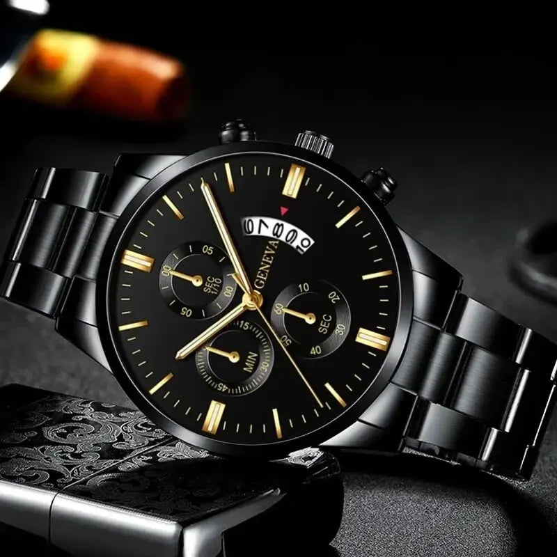Men's Stainless Steel Quartz Wrist Watch with Calendar – 41mm Round Business Dress Watch