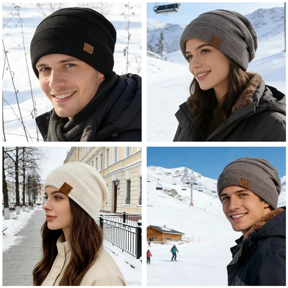 Unisex Slouchy Fur-Lined Winter Beanie Warm Knit Hat for Men & Women