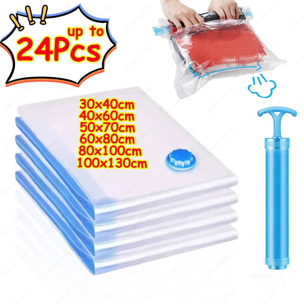 Reusable Vacuum Storage Bags — 1–24 Pack Space-Saving Compression Bags for Clothes, Blankets & Travel (11.8–51.2 in / 30–130 cm)