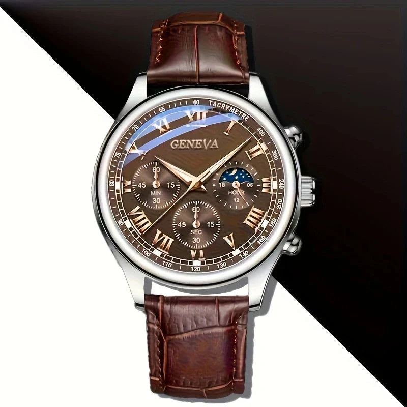 Men's Quartz Leather Strap Watch 40mm Round Alloy Case Roman Numeral Dial Buckle Clasp