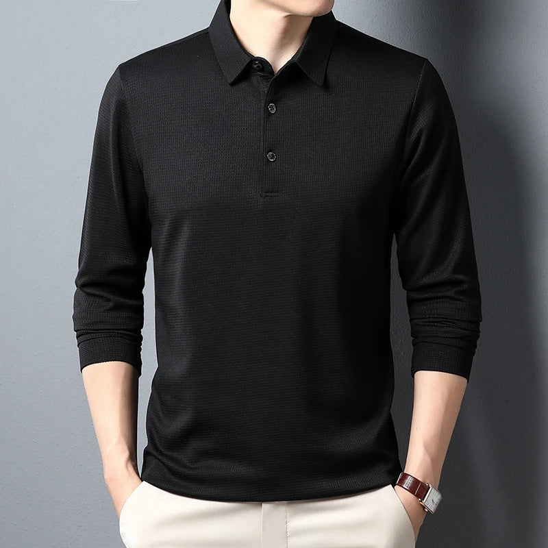 Men's Business Casual Long Sleeve Polo Shirt - Breathable Knit Polyester, Anti-Wrinkle
