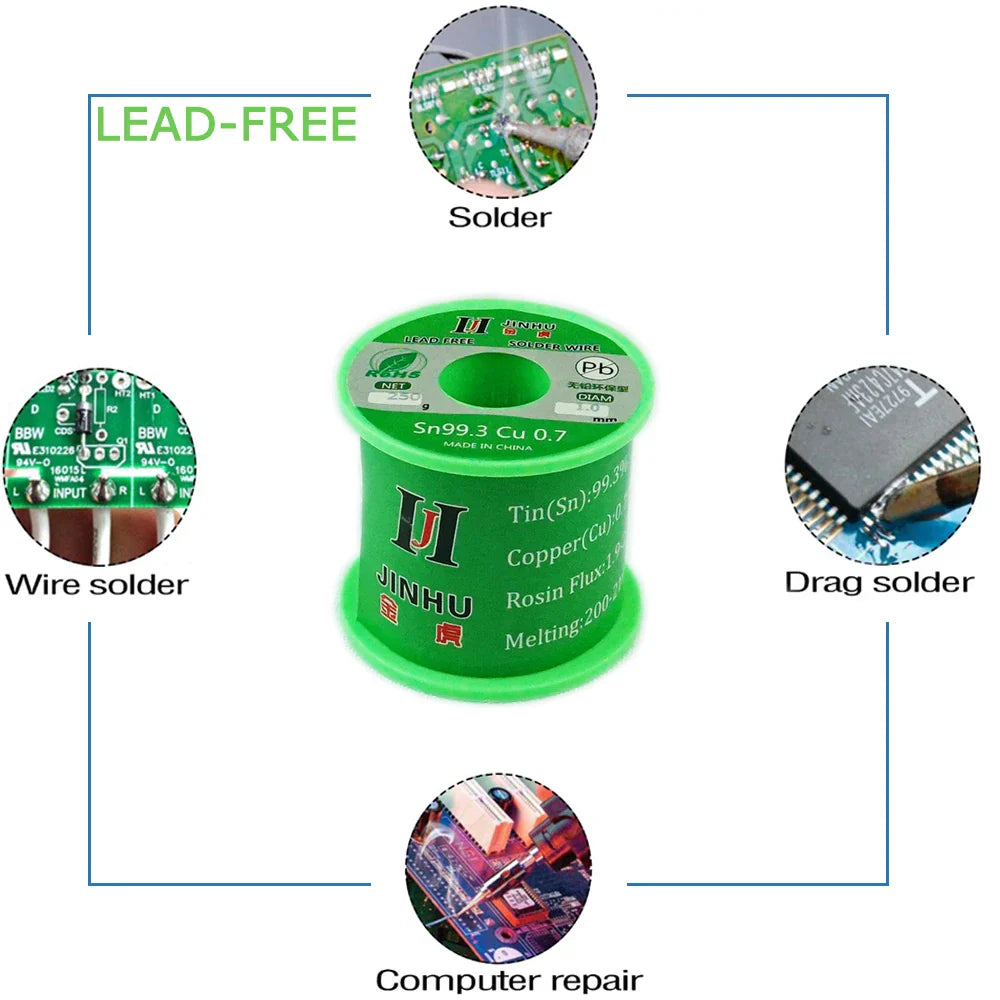Lead-Free Solder Wire 99.7% Sn / 0.3% Cu — 2% Rosin Flux Core, Diameters 0.5/0.6/0.8/1.0mm, Reels 50g/100g/250g